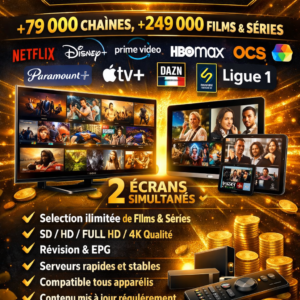 Forfait Gold IPTV 15 mois – 2 écrans, +79 000 chaînes et 249 000 films en 4K