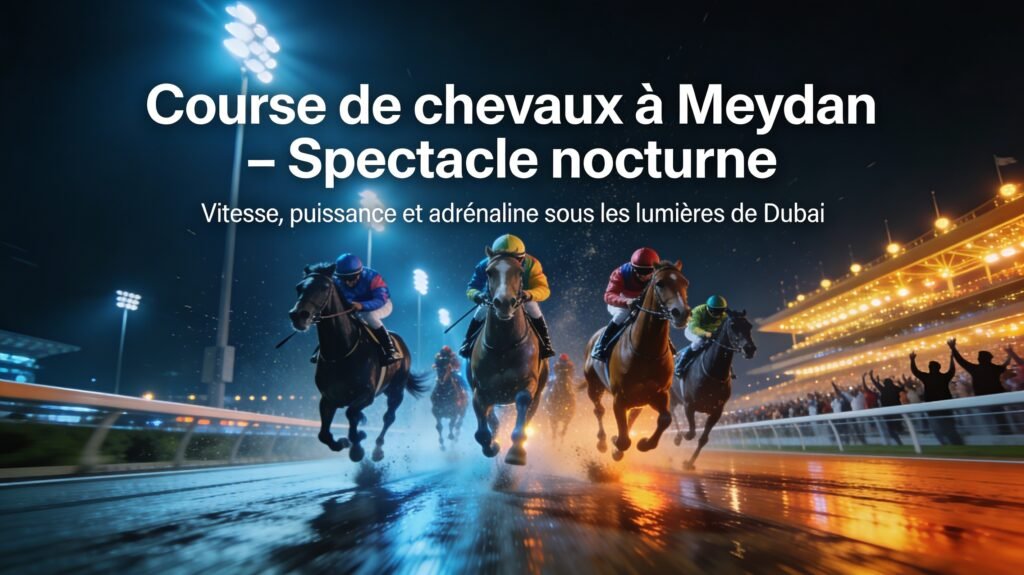 Chevaux en course Meydan Racecourse Dubai piste illuminée nuit