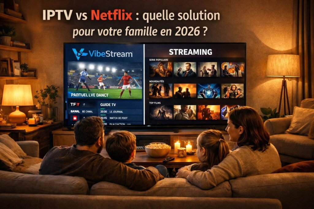 Famille regardant la TV salon streaming IPTV Netflix comparaison