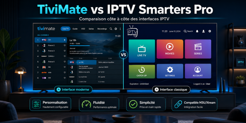 TiviMate IPTV Smarters comparaison interface