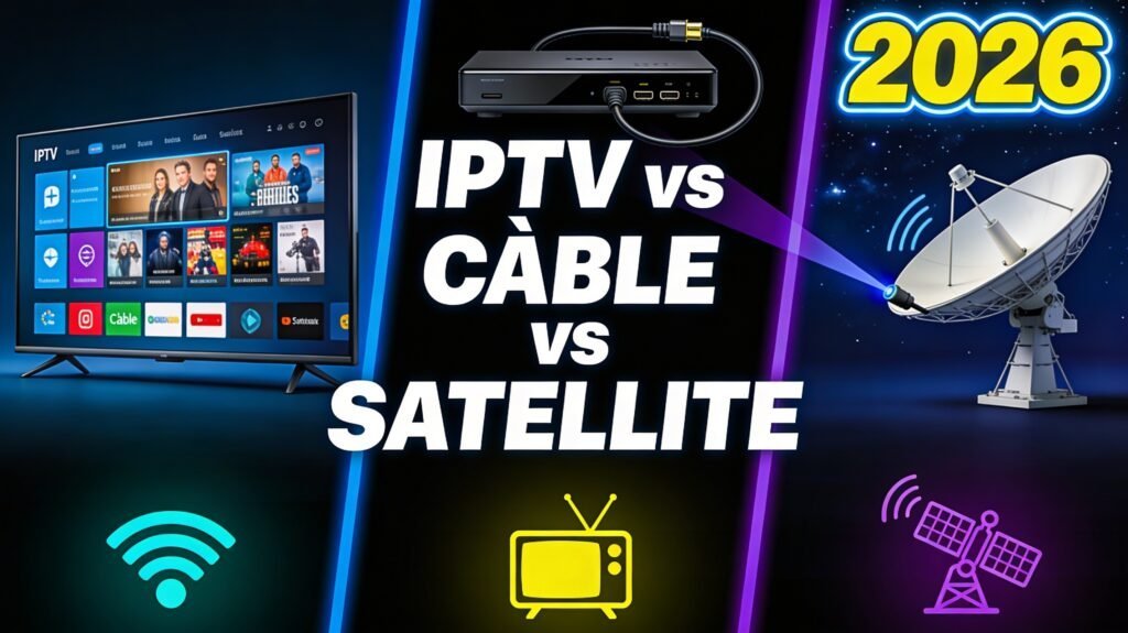 Comparaison visuelle entre IPTV, cable et satellite en 2026
