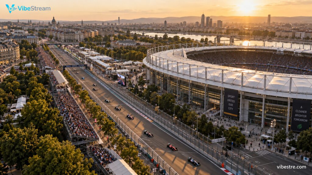 Vue aerienne d un circuit urbain de Formule 1 traversant une capitale europeenne moderne, ligne droite principale le long d un grand stade, lumiere doree