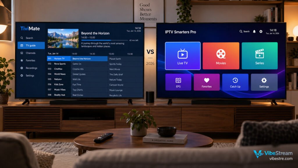 Grand televiseur affichant une selection d applications de streaming dans un salon moderne, deux telecommandes sur la table