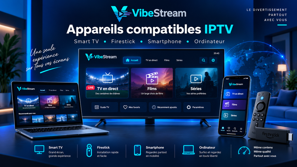 Vibestre appareils compatibles IPTV Smart TV Firestick smartphone ordinateur