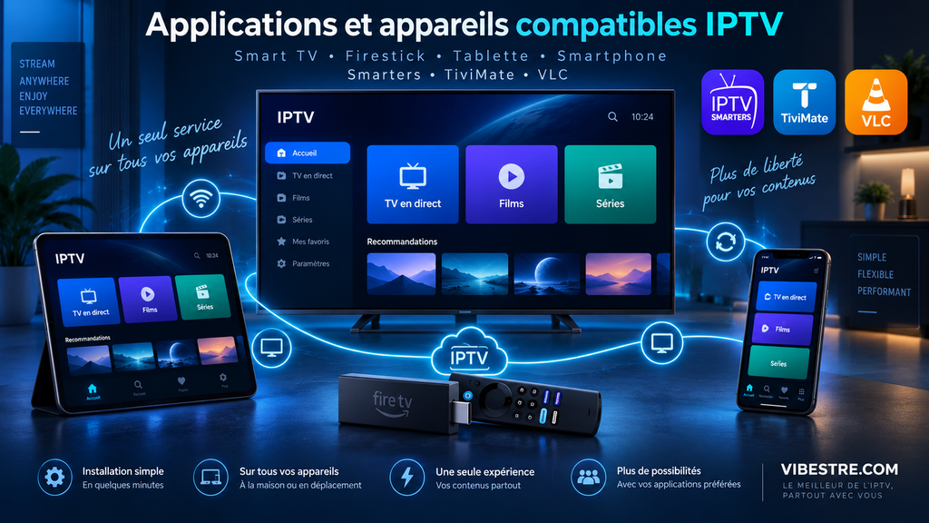 Plusieurs appareils connectes a un service IPTV : Smart TV, Firestick, tablette et smartphone