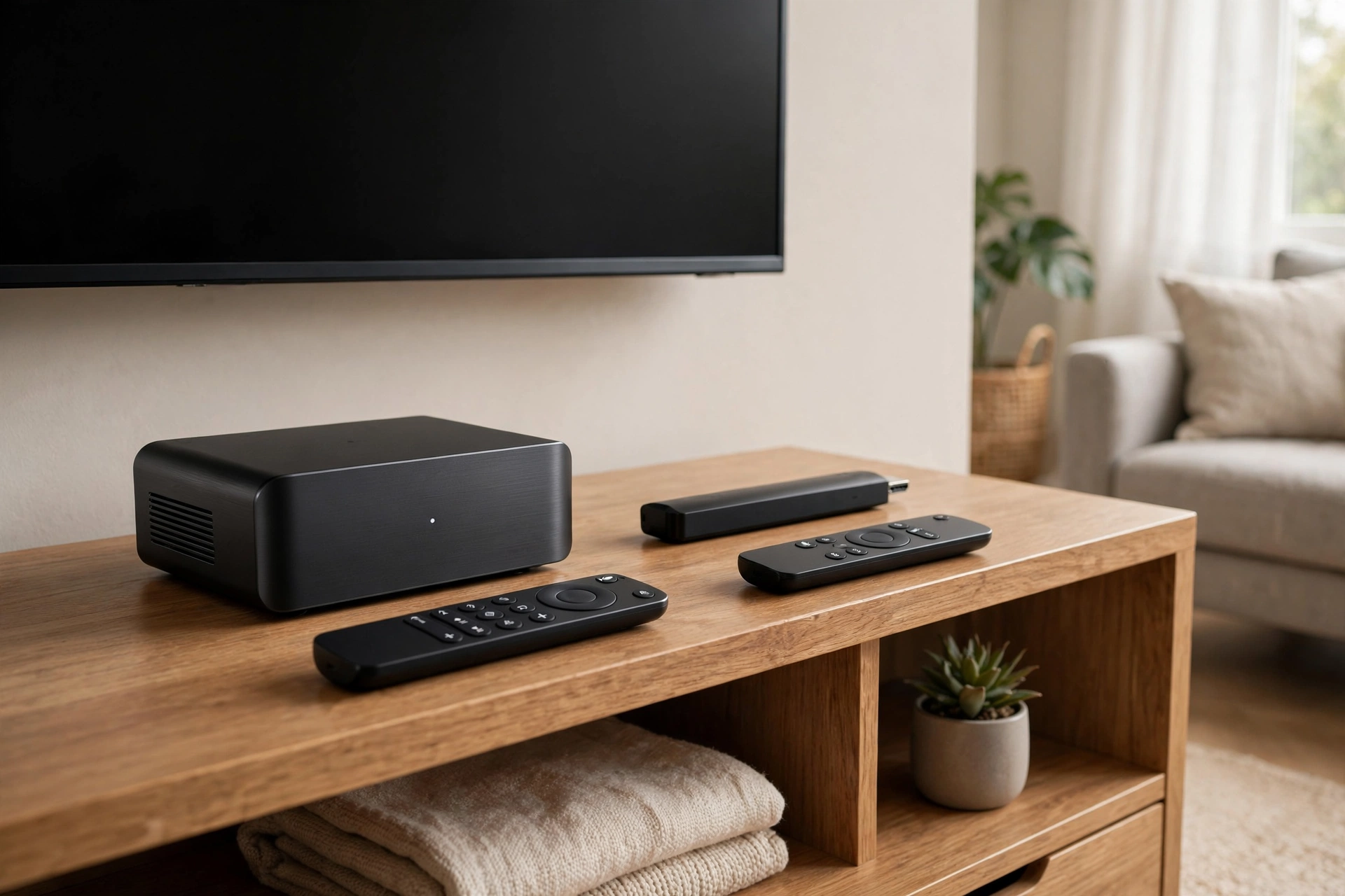 Deux boitiers de streaming noirs compares sur un meuble TV en bois sous un televiseur, salon moderne