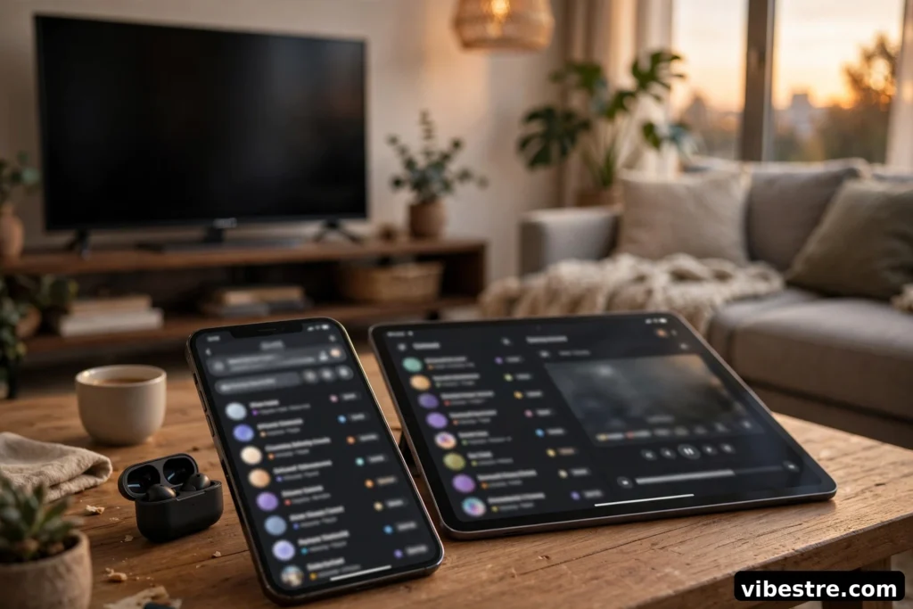 iPhone et iPad sur une table basse affichant des interfaces d applications IPTV generiques, salon moderne en arriere-plan