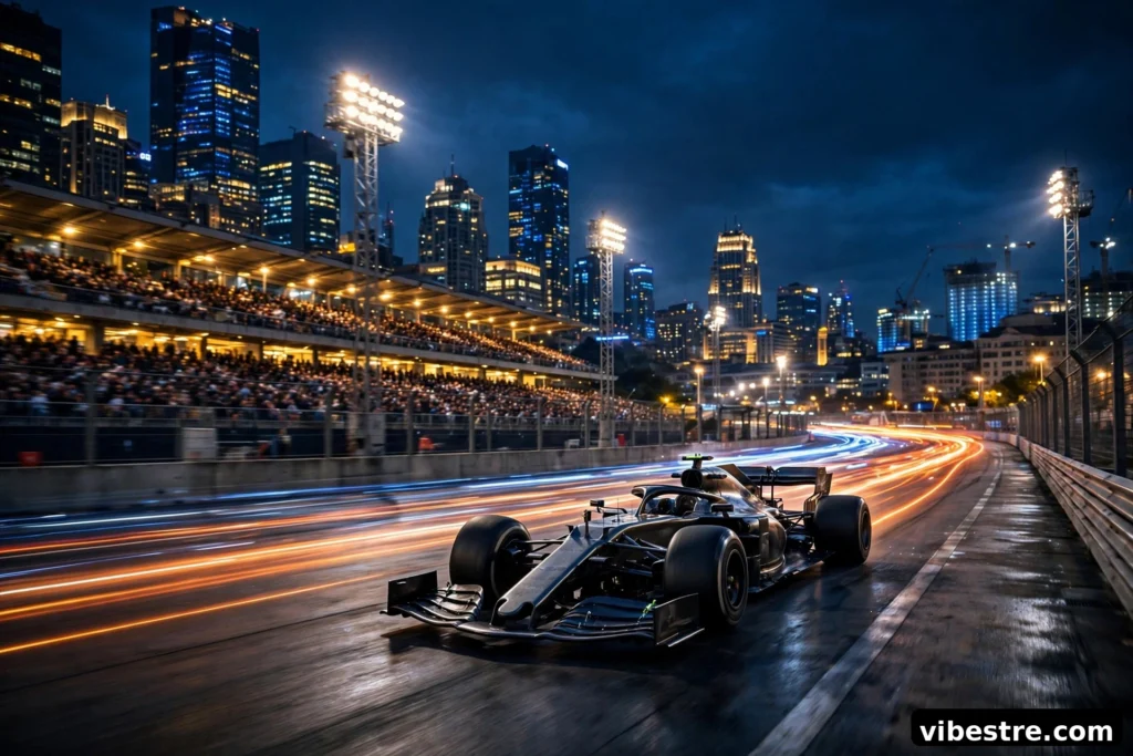 Voiture de Formule 1 sur un circuit de nuit illumine avec trainees de lumiere et skyline urbaine en arriere-plan