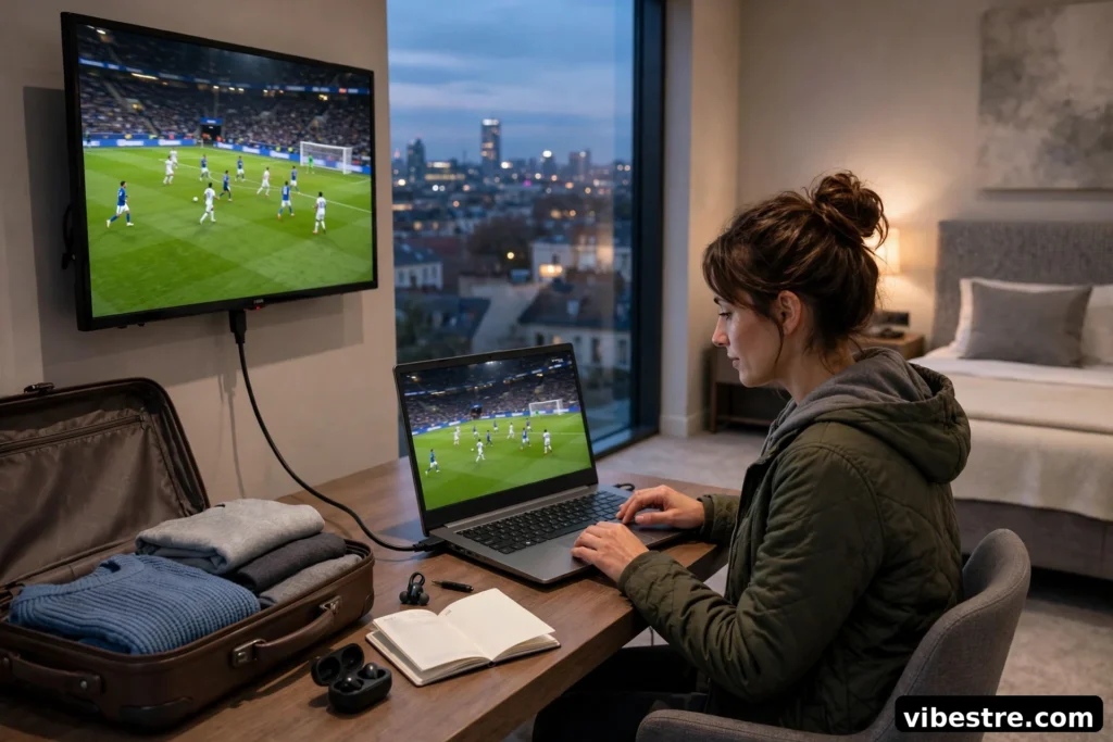 Voyageur dans une chambre d hotel a l etranger regardant un match de football francais sur un ordinateur portable relie a la TV
