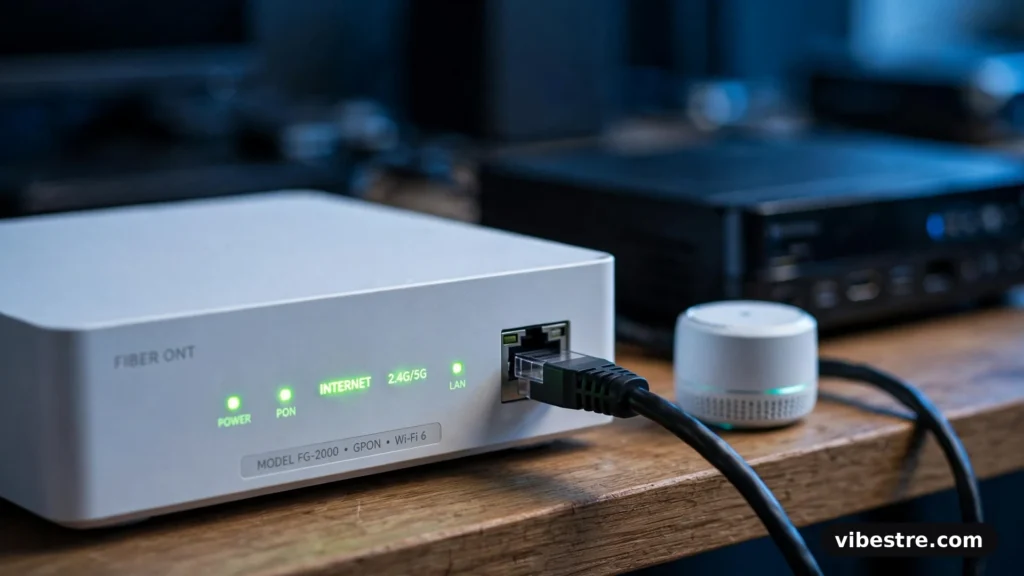 Box internet fibre avec voyants verts, câble Ethernet RJ45 branché relié à un boîtier TV en arrière-plan et un nœud Wi-Fi maillé à côté