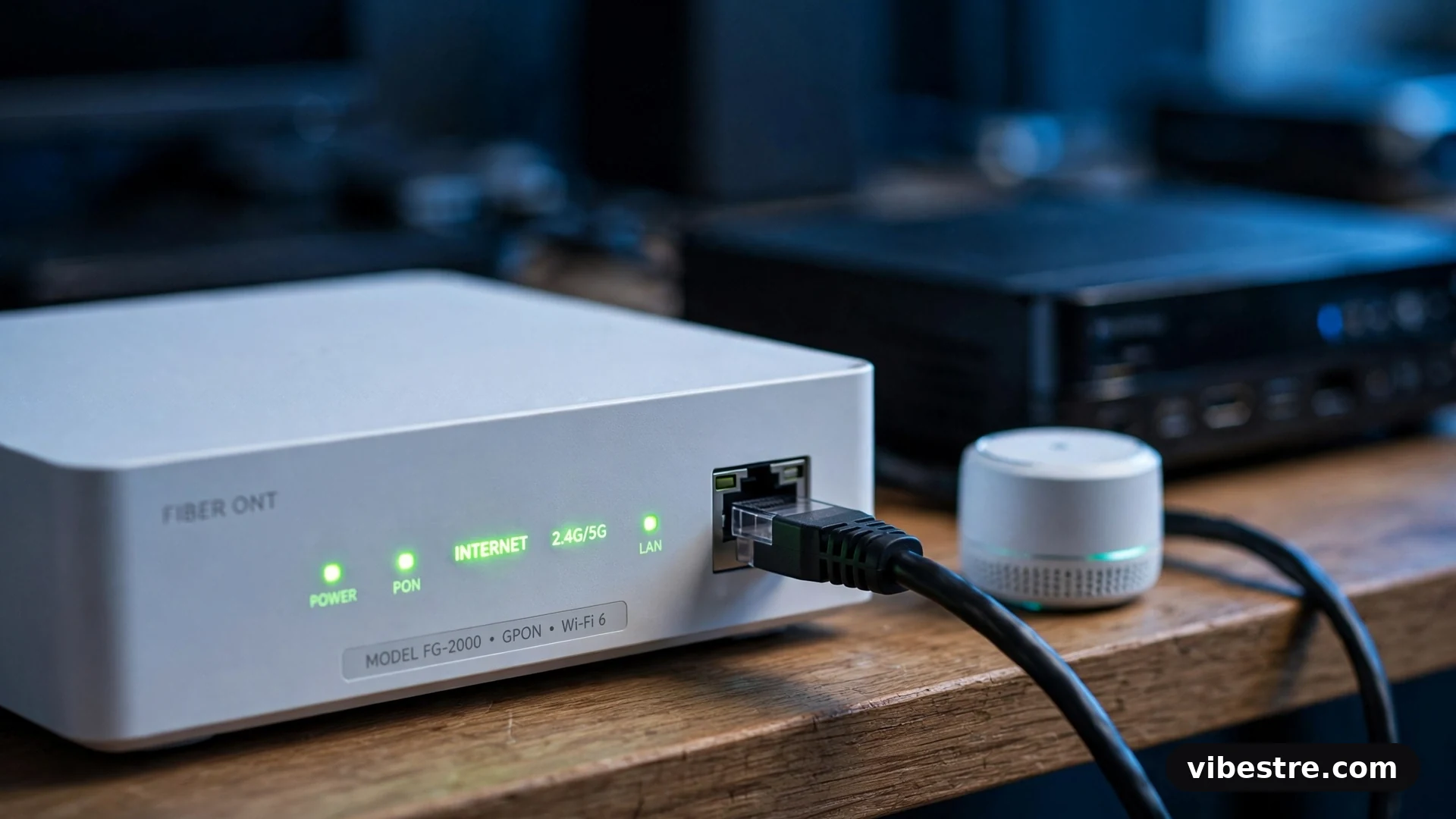 Box internet fibre avec voyants verts, câble Ethernet RJ45 branché relié à un boîtier TV en arrière-plan et un nœud Wi-Fi maillé à côté