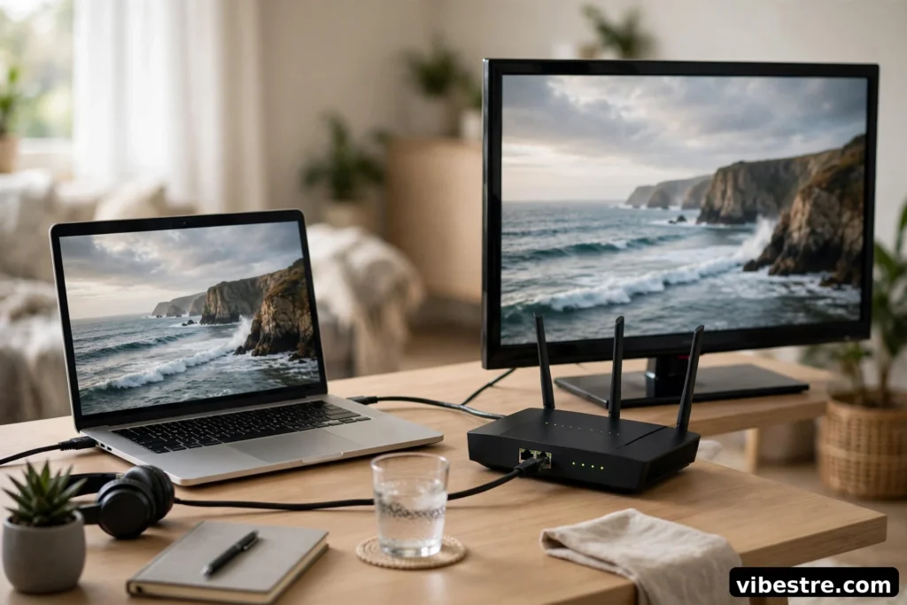 Installation streaming moderne boitier TV connecte a un televiseur affichant un match de football, routeur Ethernet