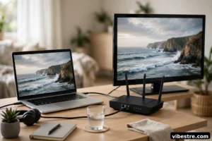 Installation streaming moderne boitier TV connecte a un televiseur affichant un match de football, routeur Ethernet
