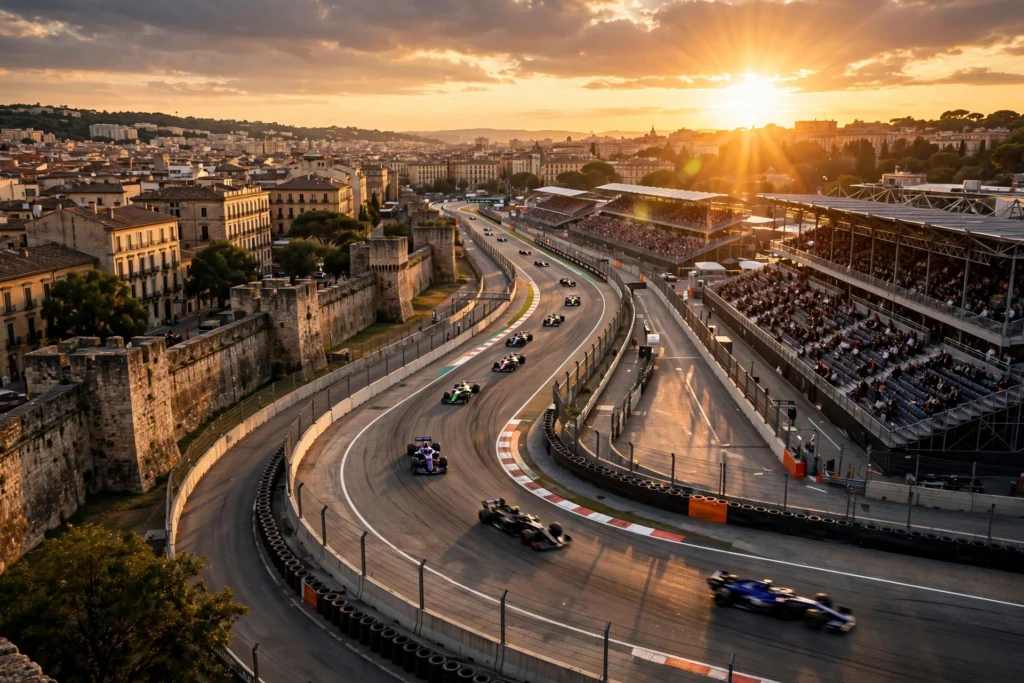 Monoplaces de Formule 1 sur un circuit urbain au coucher du soleil, tribunes et murs de ville