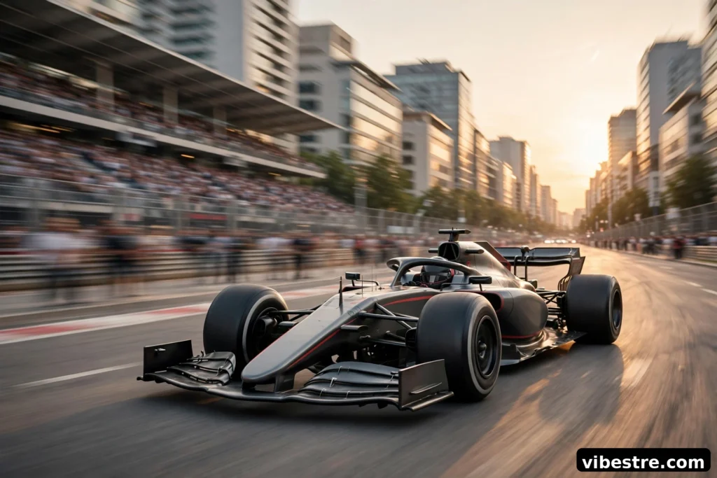 Voiture de Formule 1 moderne dans une large avenue urbaine bordue de gradins et d immeubles, lumiere de fin de journee