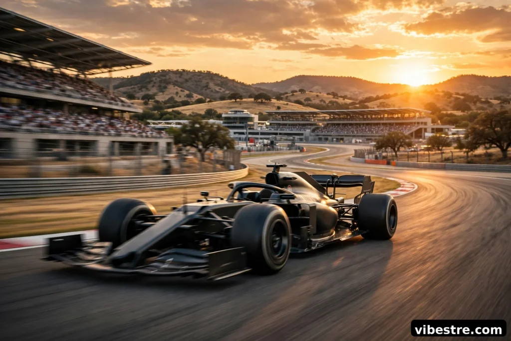 Voiture de Formule 1 au coucher du soleil sur un circuit americain moderne avec grandes tribunes et collines texanes