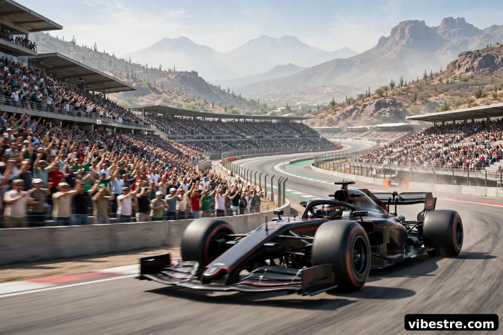 Voiture de Formule 1 a haute altitude sur un circuit mexicain avec section stade, foule passionnee