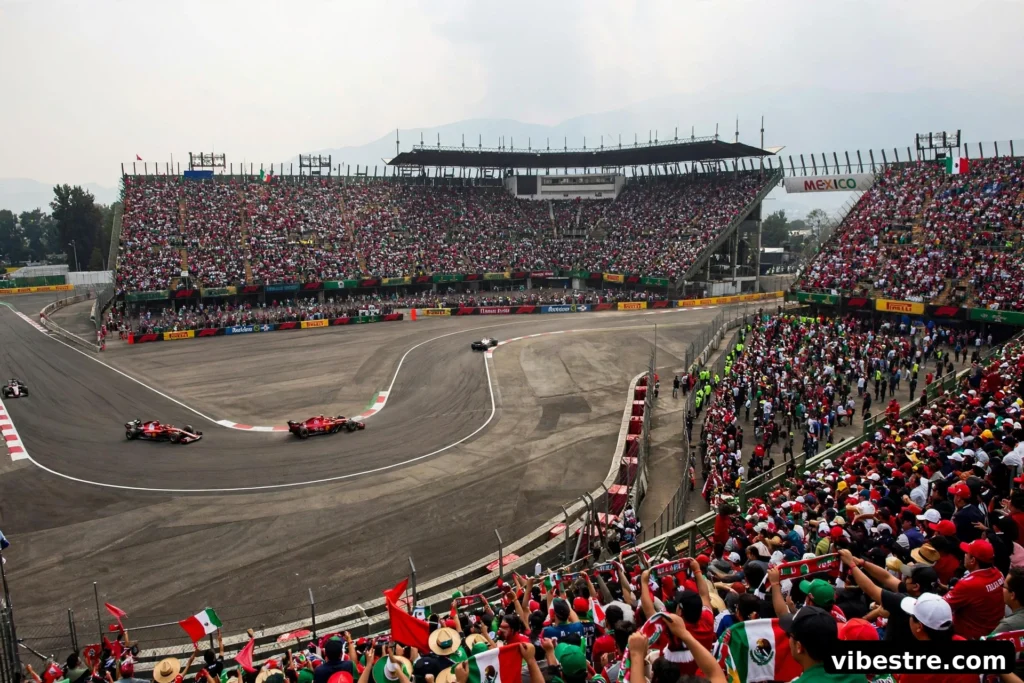 Voiture de Formule 1 sur le circuit Hermanos Rodriguez avec section stade et foule, brume de haute altitude
