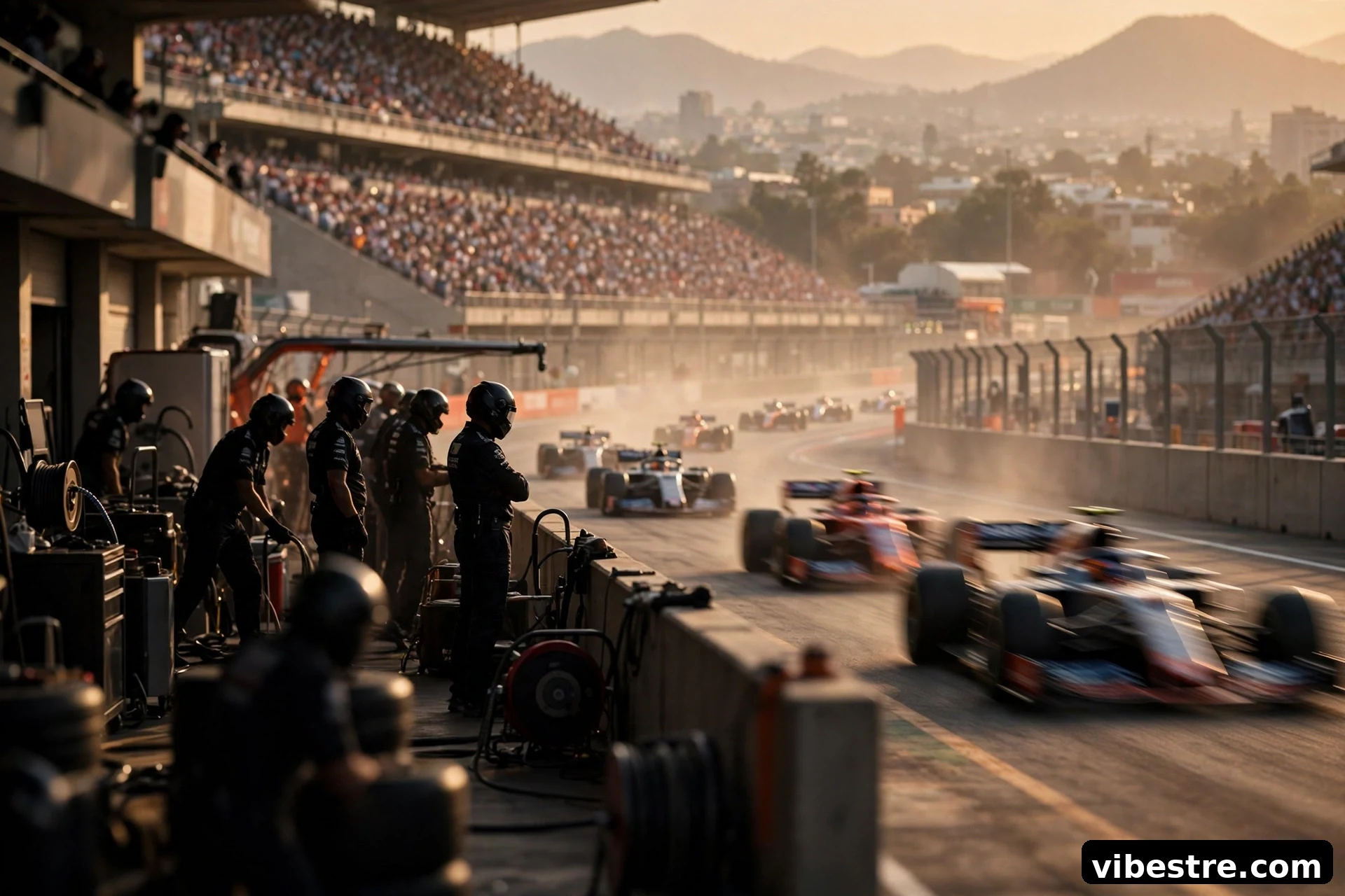 Pit lane et tribunes du Grand Prix du Mexique, silhouettes de mecaniciens et voitures floues