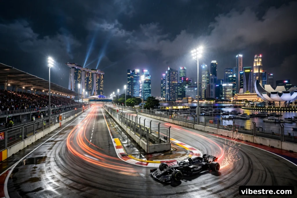 Circuit urbain de Formule 1 de nuit sous les projecteurs entre gratte-ciels et front de mer, voiture en virage avec trainees de lumiere