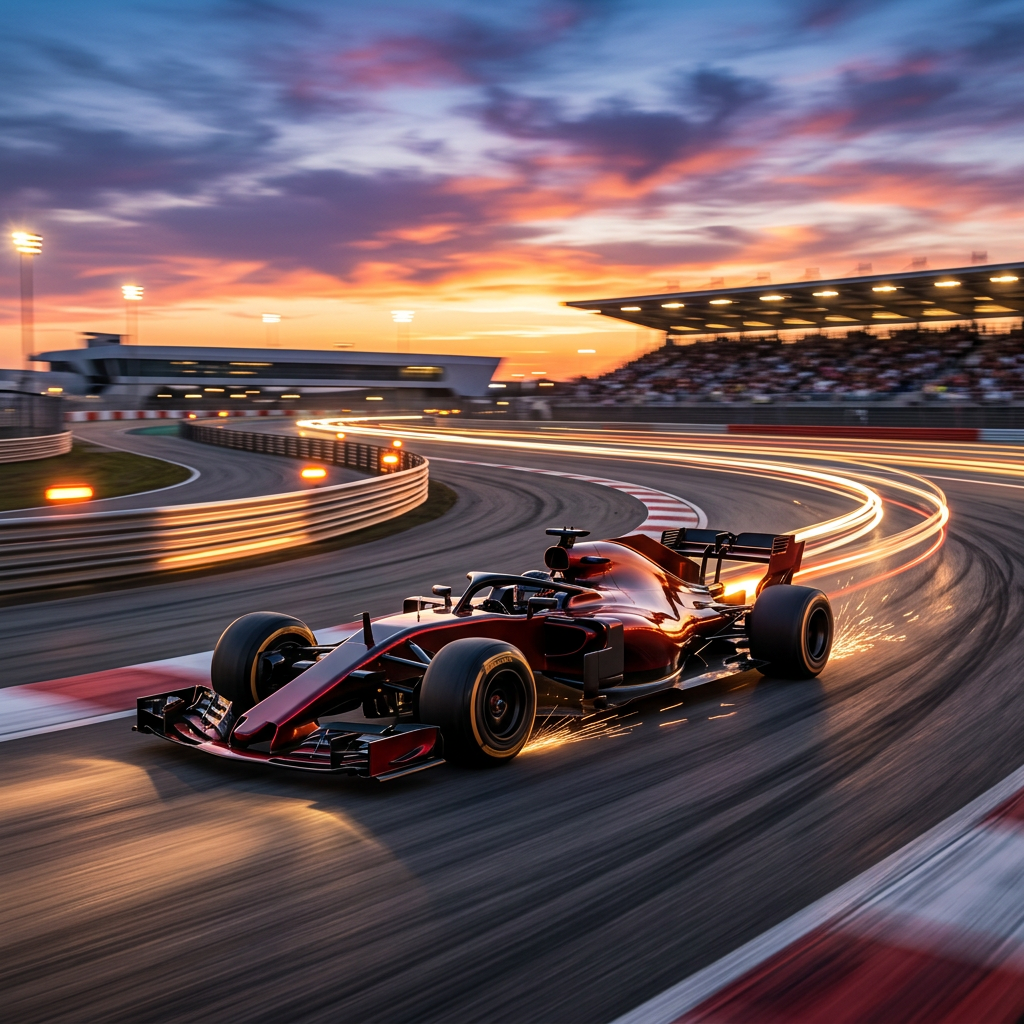 Open-wheel race car speeding around a circuit at sunset