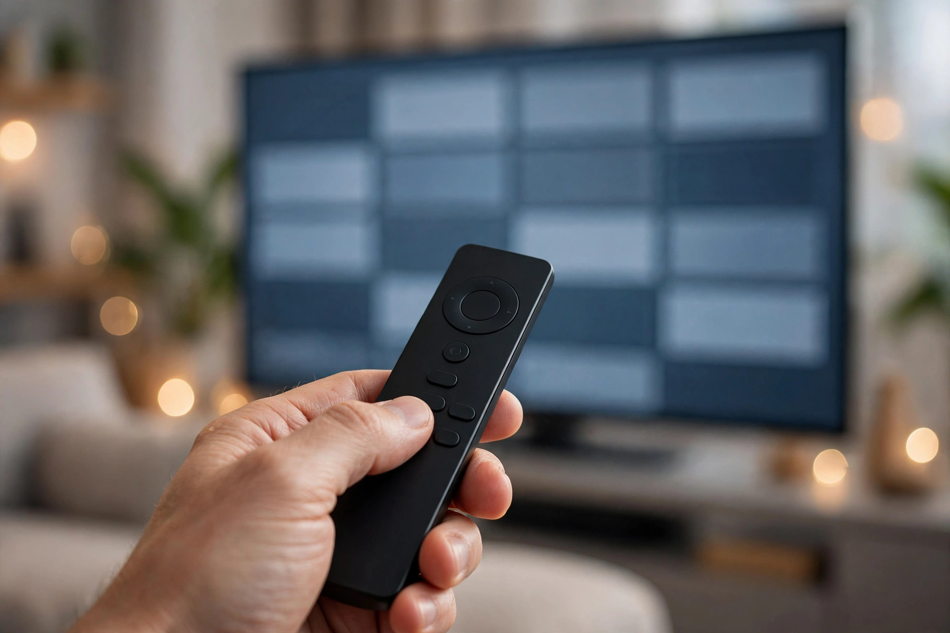 Main tenant une telecommande minimaliste devant un televiseur affichant un guide des programmes, salon moderne en arriere-plan