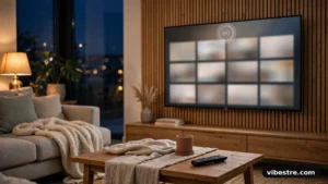 Salon moderne avec un téléviseur 4K affichant une interface de vidéo à la demande et une icône de relecture, télécommande sur la table basse