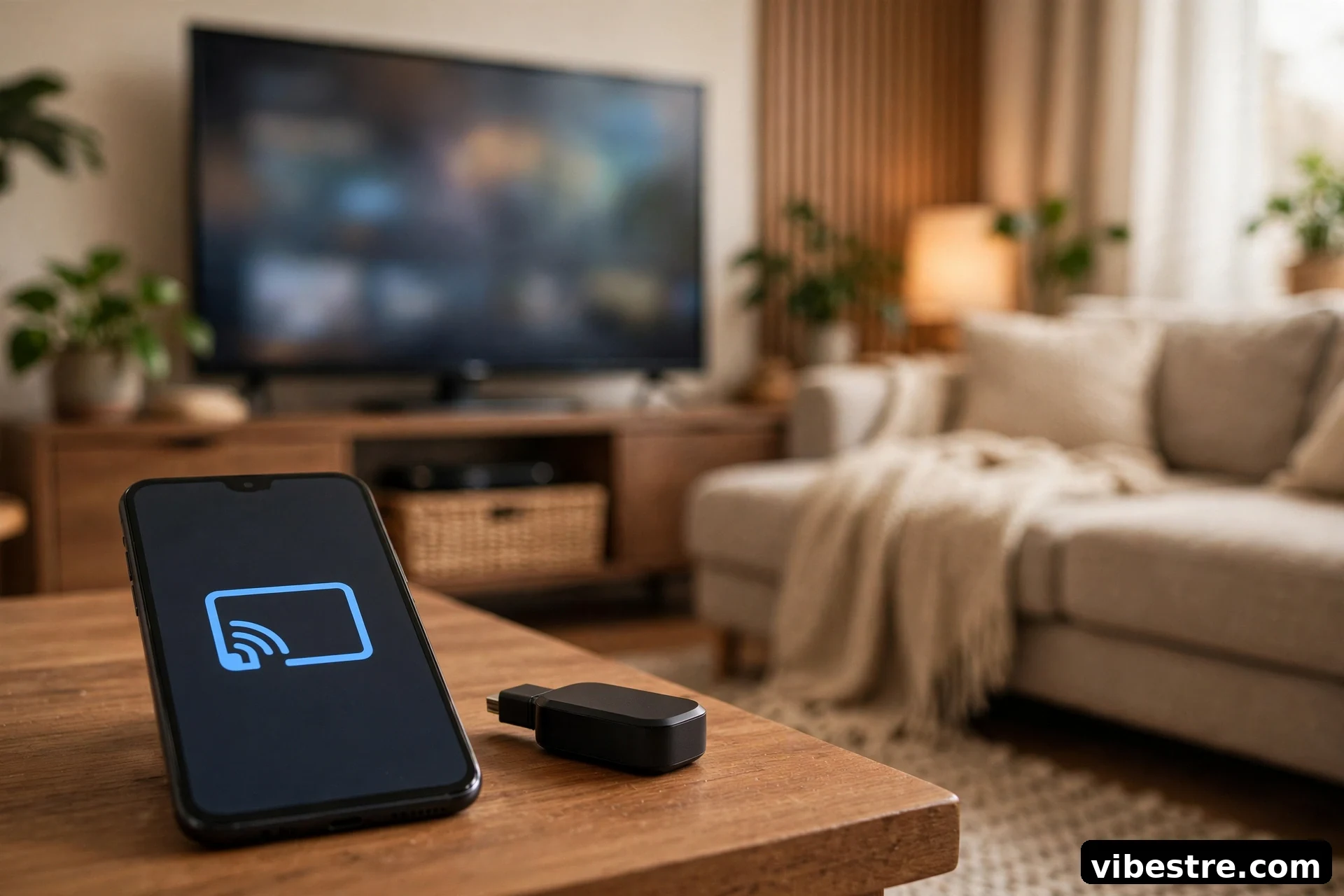 Smartphone avec icone Cast generique devant une TV et un dongle HDMI dans un salon