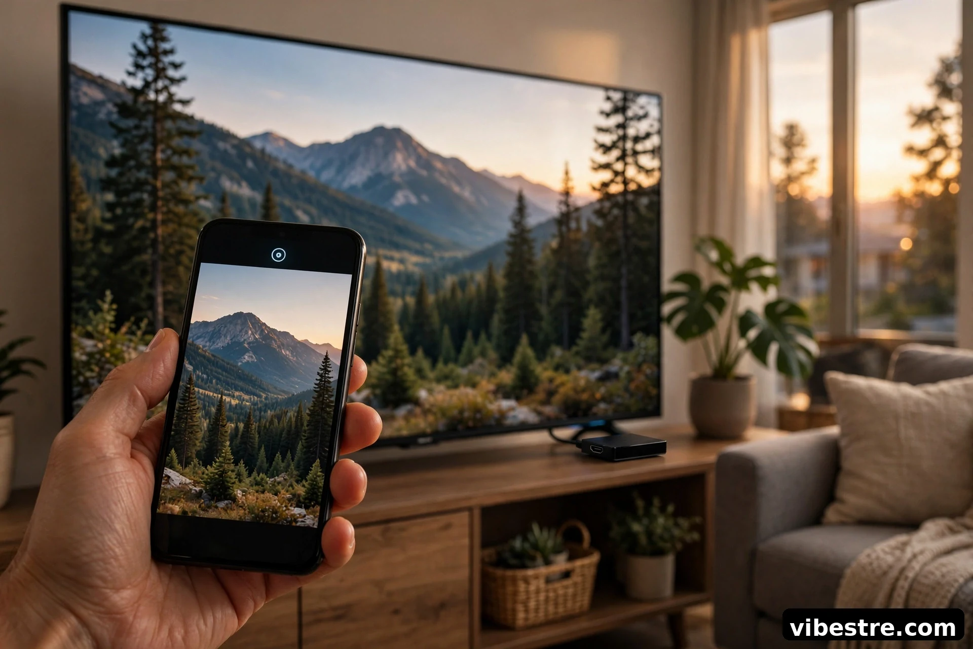 Main tenant un smartphone envoyant une video vers un grand televiseur, dongle HDMI visible