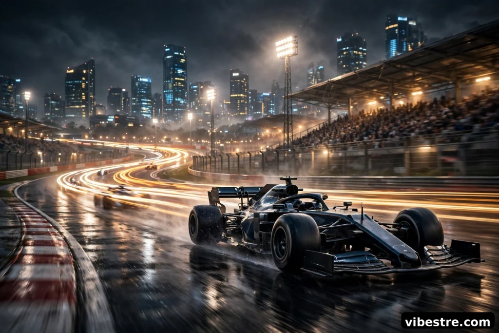Voiture de Formule 1 sur un circuit de nuit illumine avec trainees de lumiere et tribunes en arriere-plan
