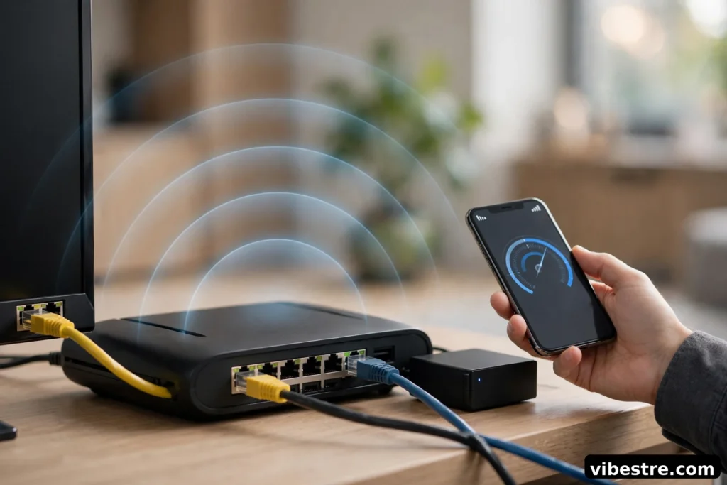 Routeur avec cables ethernet relies a une Smart TV et un boitier de streaming, main tenant un smartphone avec test de debit