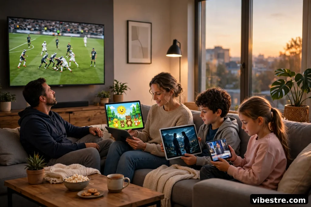 Famille regardant differents contenus sur plusieurs ecrans : TV football, tablette dessins animes, iPad film