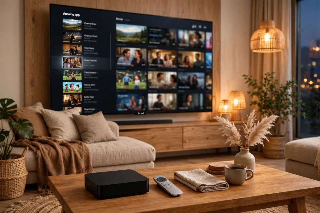 Salon moderne avec grand televiseur affichant une interface de streaming, boitier et telecommande sur table en bois