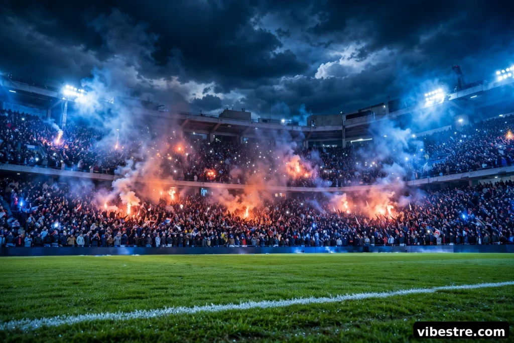 Stade de football francais plein de nuit avec fumee de fumigenes dans les tribunes et pelouse verte au premier plan