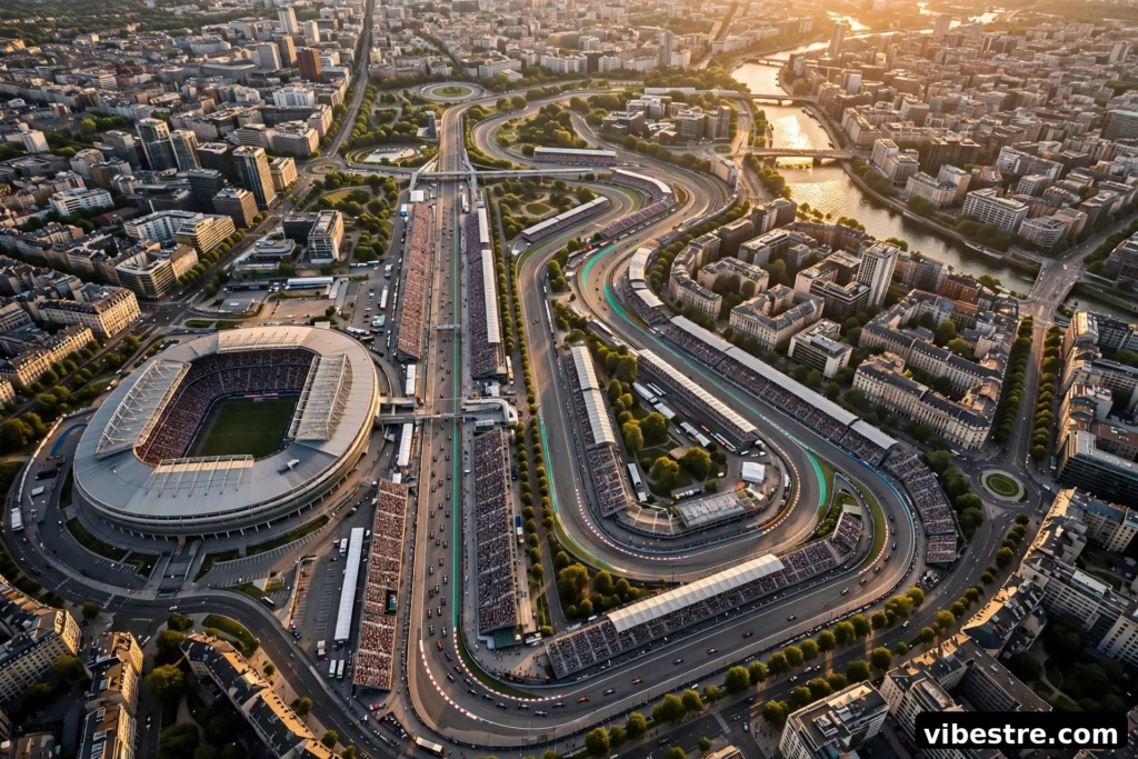 Vue aerienne d un circuit urbain de Formule 1 traversant une capitale europeenne moderne, ligne droite principale le long d un grand stade, lumiere doree