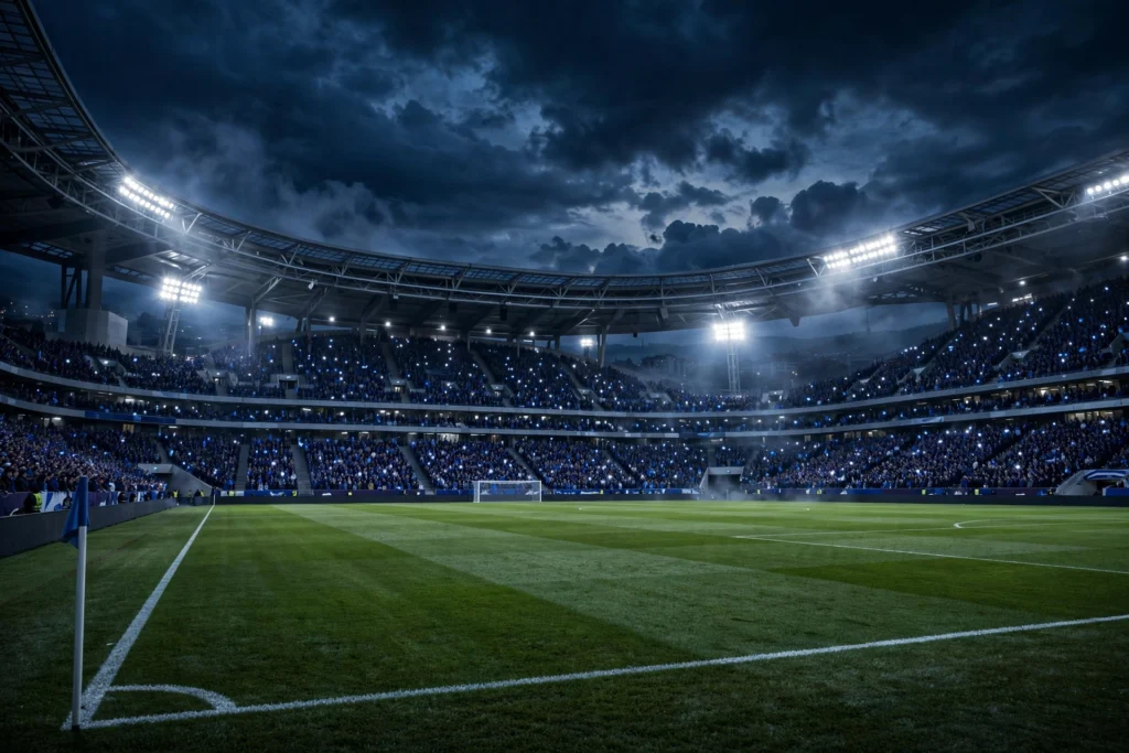 Stade de football moderne de nuit pendant un match de coupe d Europe, tribunes pleines sous les projecteurs