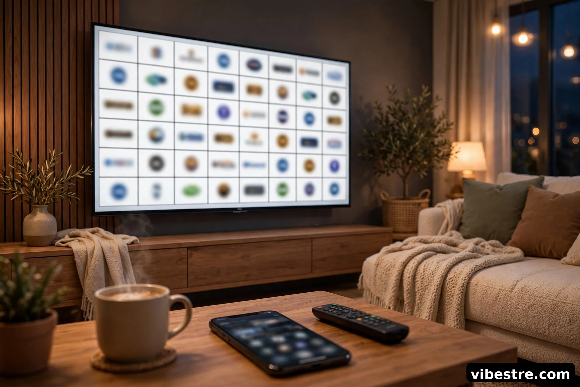 Salon moderne avec TV affichant une grille de matchs de football multi-ligues, smartphone avec app sport a cote
