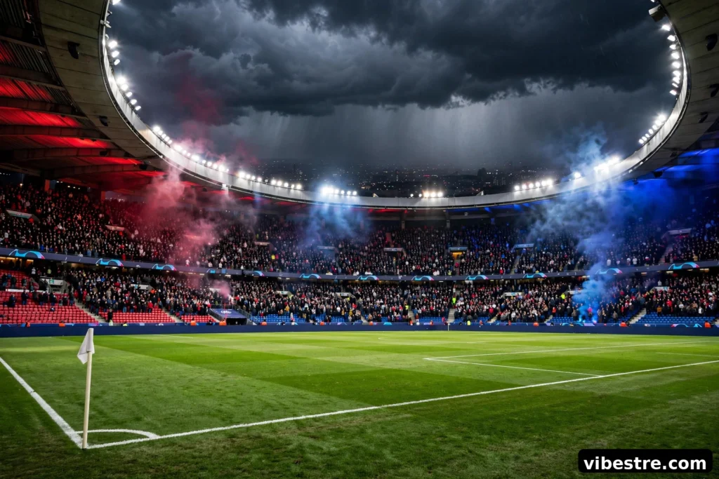 Stade de football parisien de nuit pendant un match de Ligue des champions, ambiance rouge et bleue, tribunes pleines