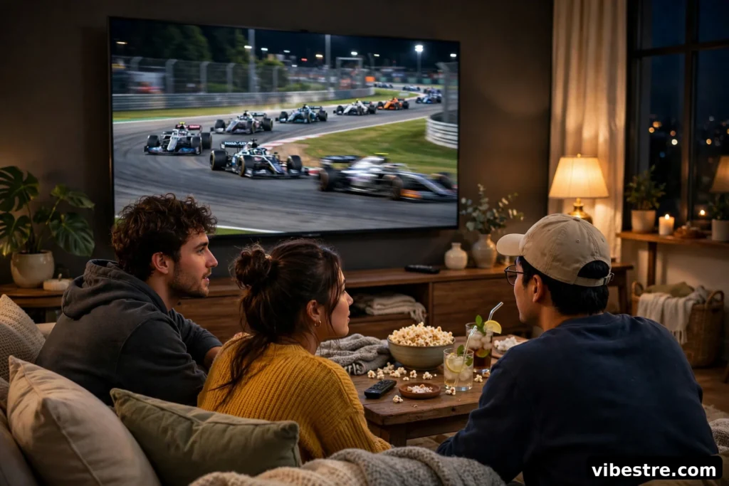 Amis regardant une course de Formule 1 sur un grand televiseur dans un salon chaleureux le soir