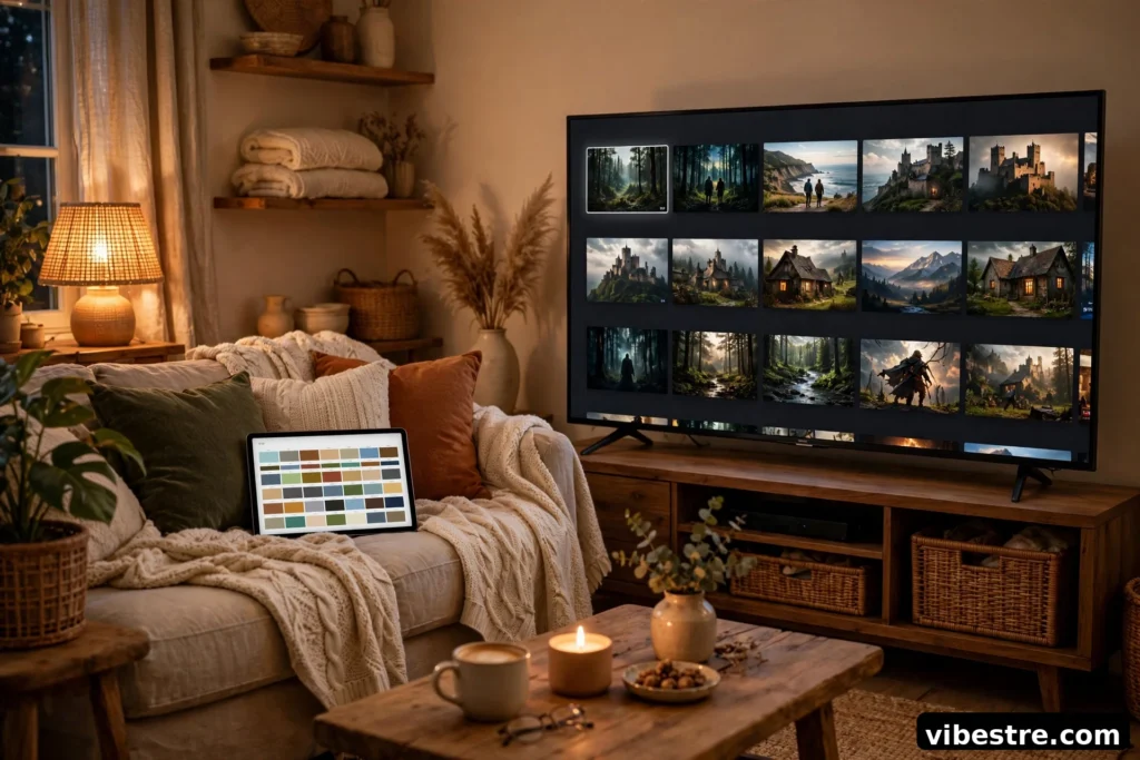 Salon cosy avec TV affichant une interface de streaming series, tablette avec guide TV, eclairage chaleureux