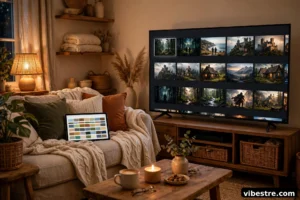Salon cosy avec TV affichant une interface de streaming series, tablette avec guide TV, eclairage chaleureux