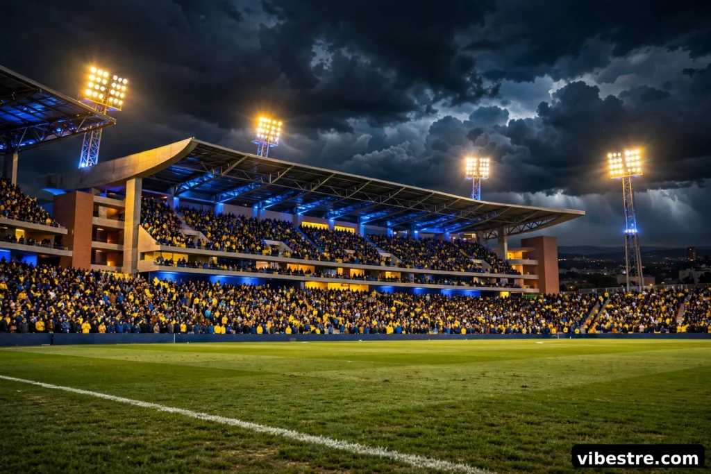 Stade espagnol de nuit pendant un match de Ligue des champions, ambiance jaune et bleue, tribunes pleines