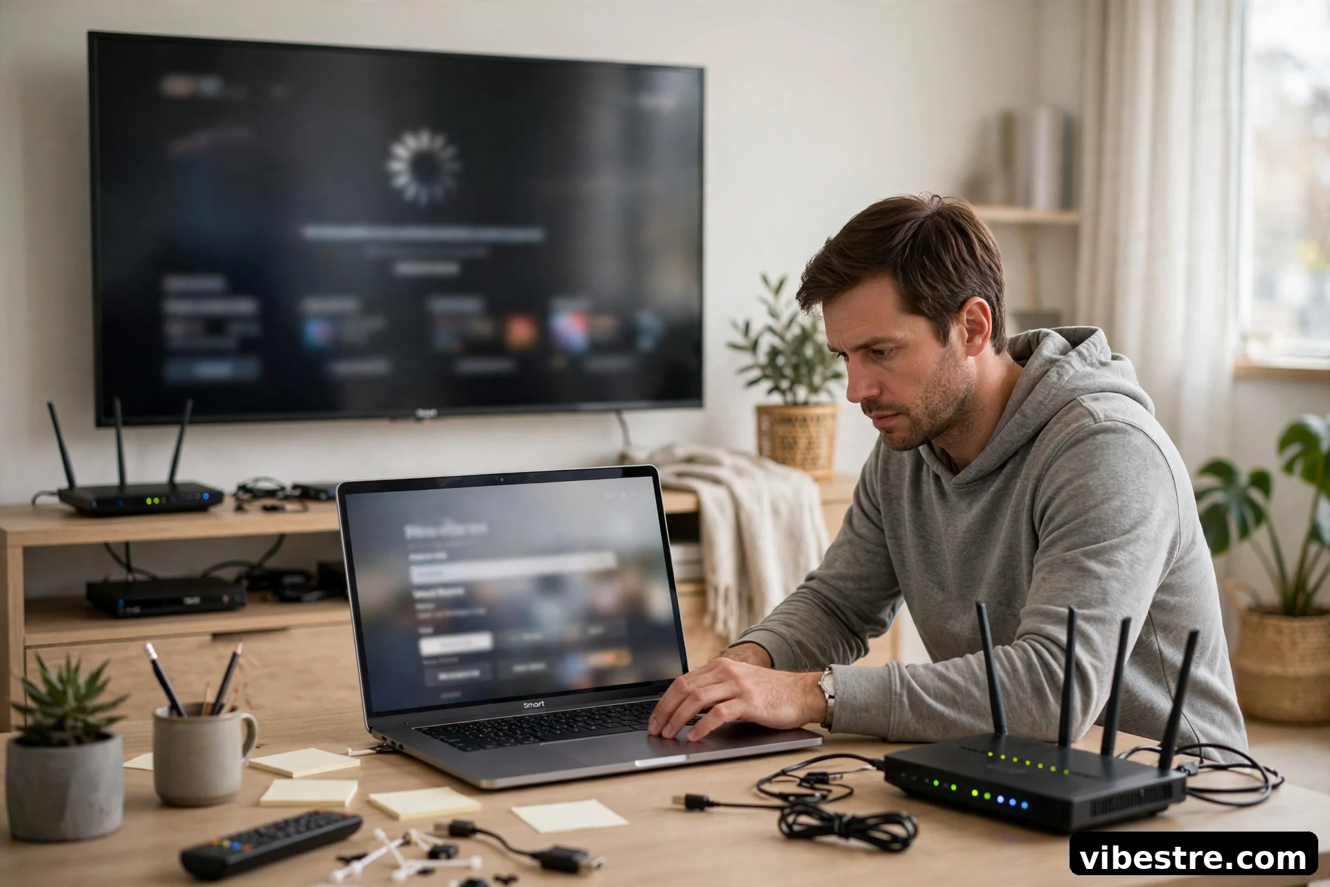 Personne depannant une installation TV avec ordinateur et routeur, formulaire de connexion floute