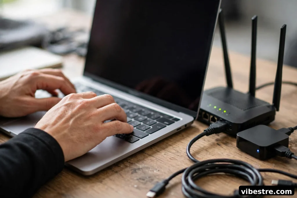 Mains tapant sur un ordinateur pres d un routeur Wi-Fi et d un boitier de streaming